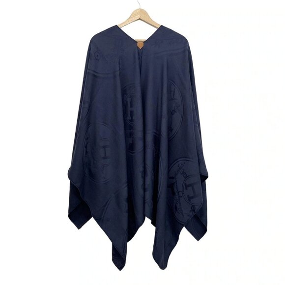 Auth HERMES - Navy Beige Cashmere Silk Leather Scarf - Picture 2 of 5